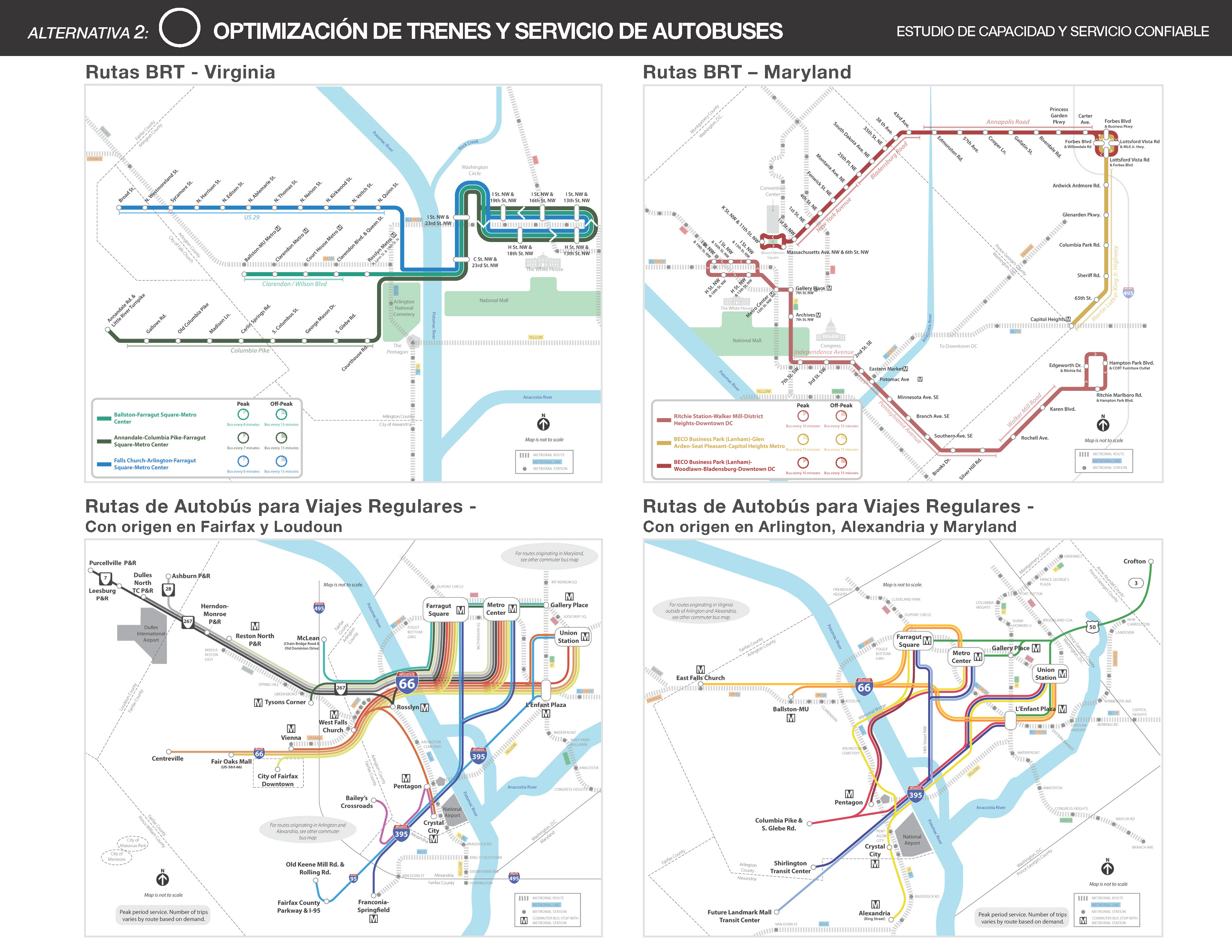 These maps show the network of enhanced bus services, including 6 bus rapid transit routes between Virginia and Maryland into Downtown DC, as well as 55 peak-period commuter bus routes targeted to major BOS trip patterns. Image showing regional bus rapid transit and commuter bus routes included as part of the Lower Capital Cost Alternative. This alternative includes a network of enhanced bus services, dynamic rail scheduling, exploring options to increase passenger capacity in stations and railcars, and building infrastructure near the West Falls Church and Stadium-Armory stations that can support train turnbacks and reduce the footprint of single-tracking operations and construction zones.